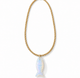 A gold chain necklace featuring a small, teardrop-shaped white opal pendant with iridescent blue and green flashes, set against a plain white background.