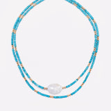 Yellow gold Turquoise Necklace with baroque pearl stack for women