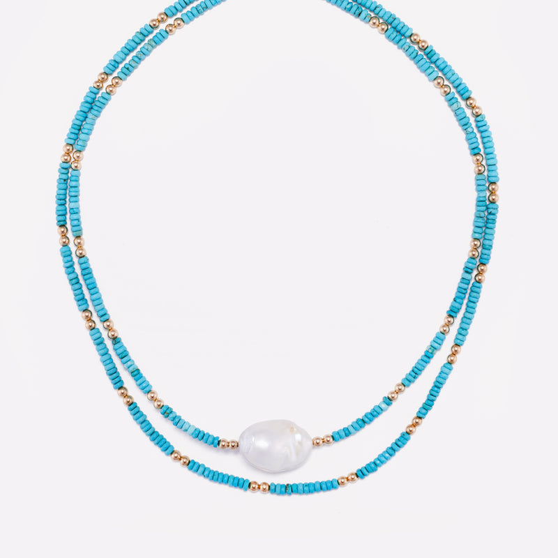 Yellow gold Turquoise Necklace with baroque pearl stack for women