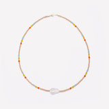Yellow Gold beaded necklace with baroque pearl and rainbow crystals for women
