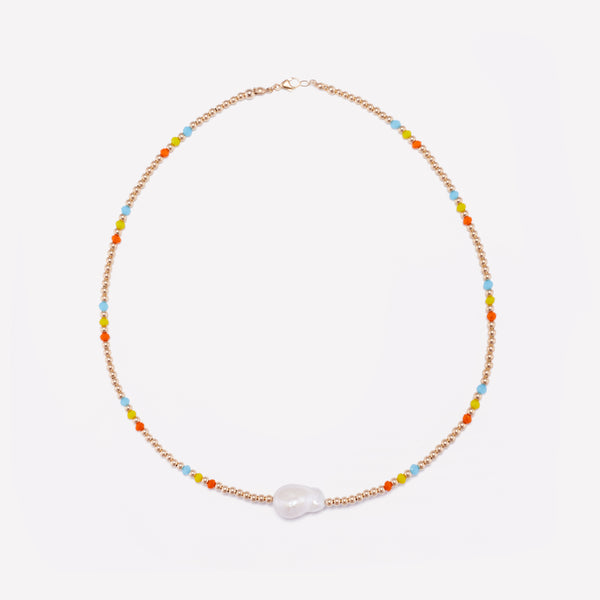 Yellow Gold beaded necklace with baroque pearl and rainbow crystals for women
