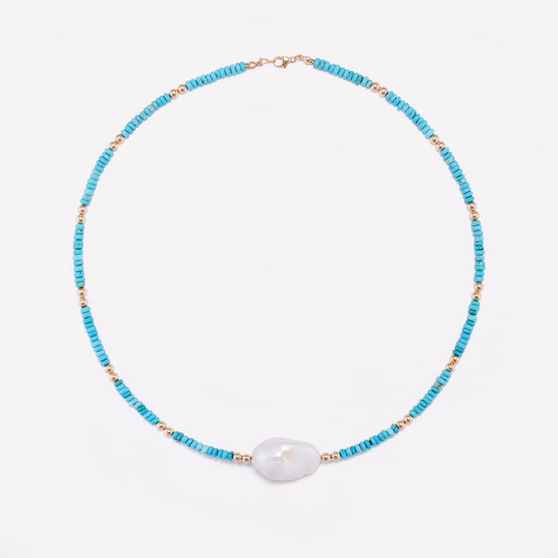 Yellow gold Turquoise Necklace with baroque pearl for women