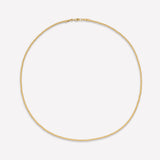 A 2mm wide 14K yellow gold beaded necklace for women, displayed on a white background.