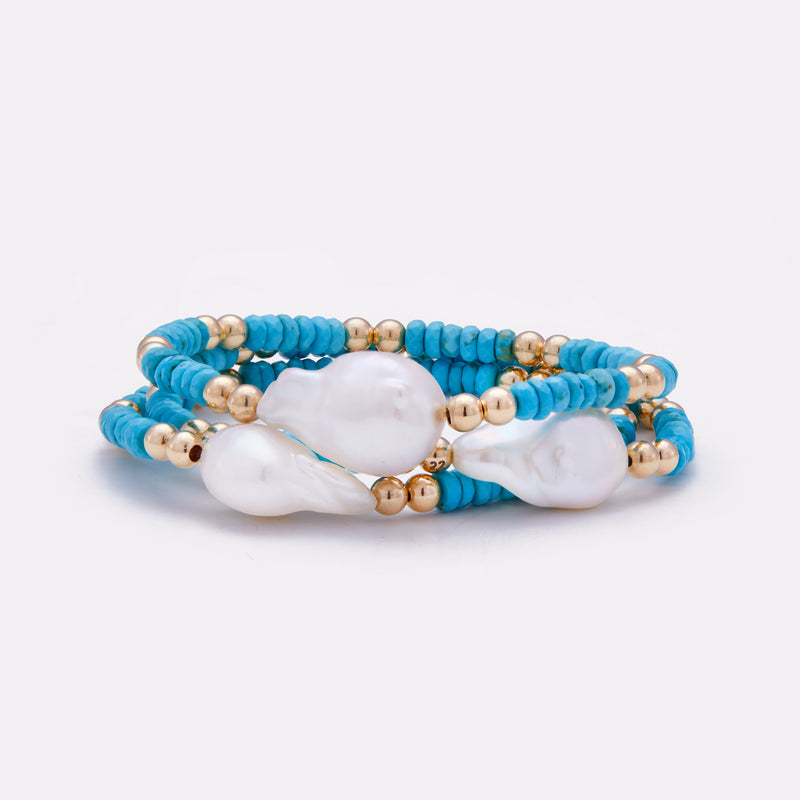 Yellow Gold Turquoise beaded bracelet with baroque pearl stack for women