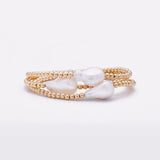 Yellow gold beaded bracelet with baroque pearl stack for women