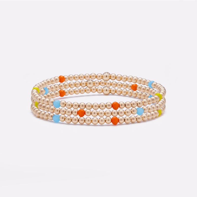 Yellow gold beaded bracelet with rainbow crystals stack for women