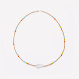 Yellow Gold beaded necklace with baroque pearl and rainbow crystals for women