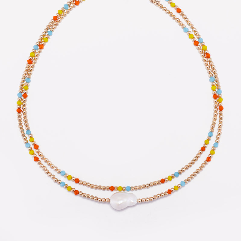 Yellow gold beaded necklace with rainbow crystals stack with baroque pearlfor women