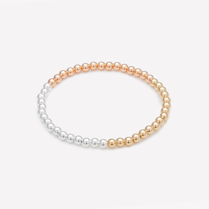 3 Tone yellow gold rose gold and silver beaded bracelet for women