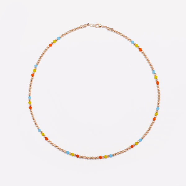 Yellow gold beaded necklace with rainbow crystals for women
