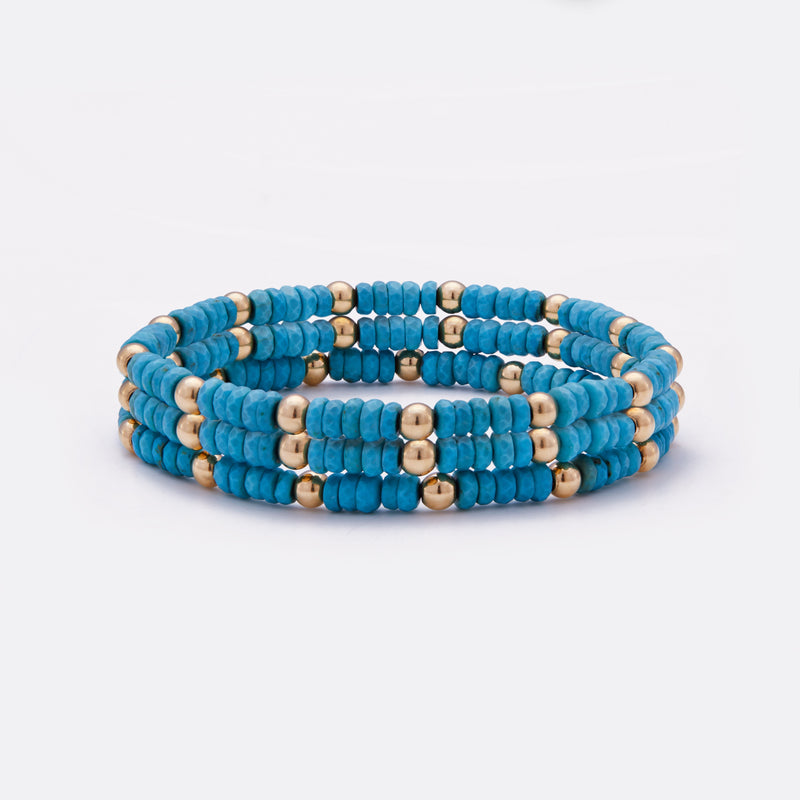 Beaded turquoise nuggets bracelet with yellow gold beads stack for women