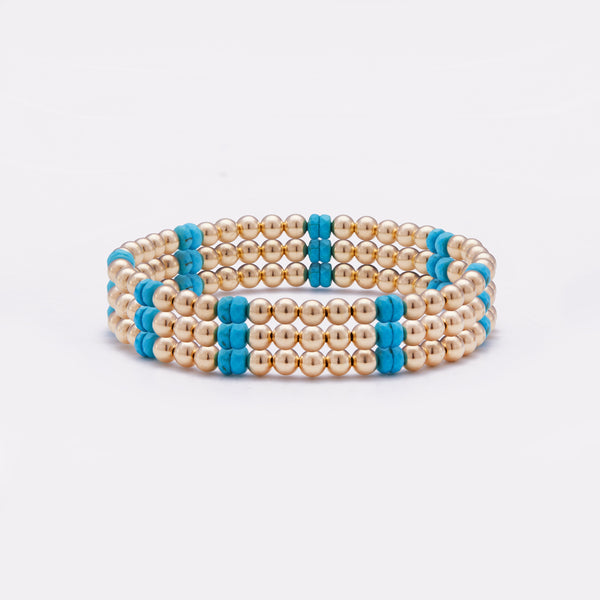 Yellow gold beaded bracelet with turquoise nuggets stack for women