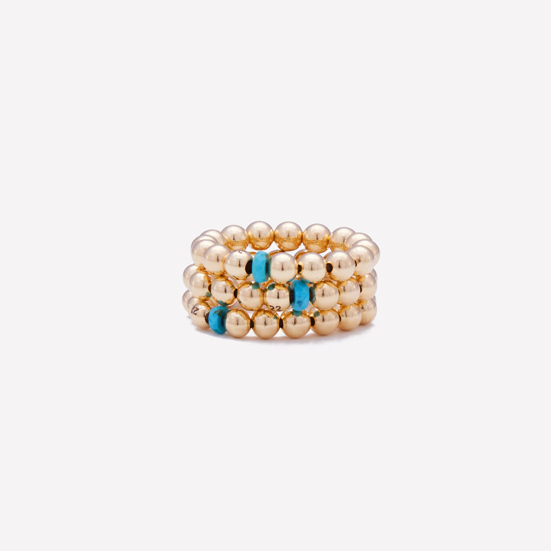 Yellow gold beaded ring with single turquoise nugget stack for women