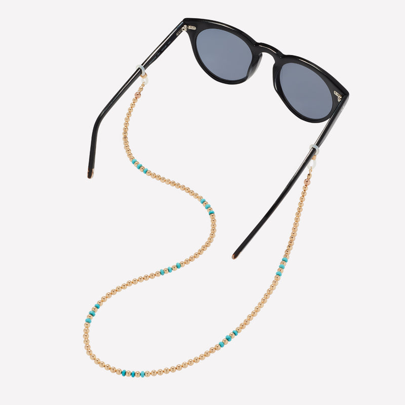 Yellow gold beaded sunglass retainer with turquoise nuggets for women